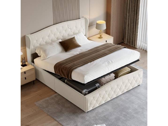 lit coffre 160 x 200 lit 160 x 200 avec sommier lit rembourré double lit adulte avec levier hydraulique velours beige