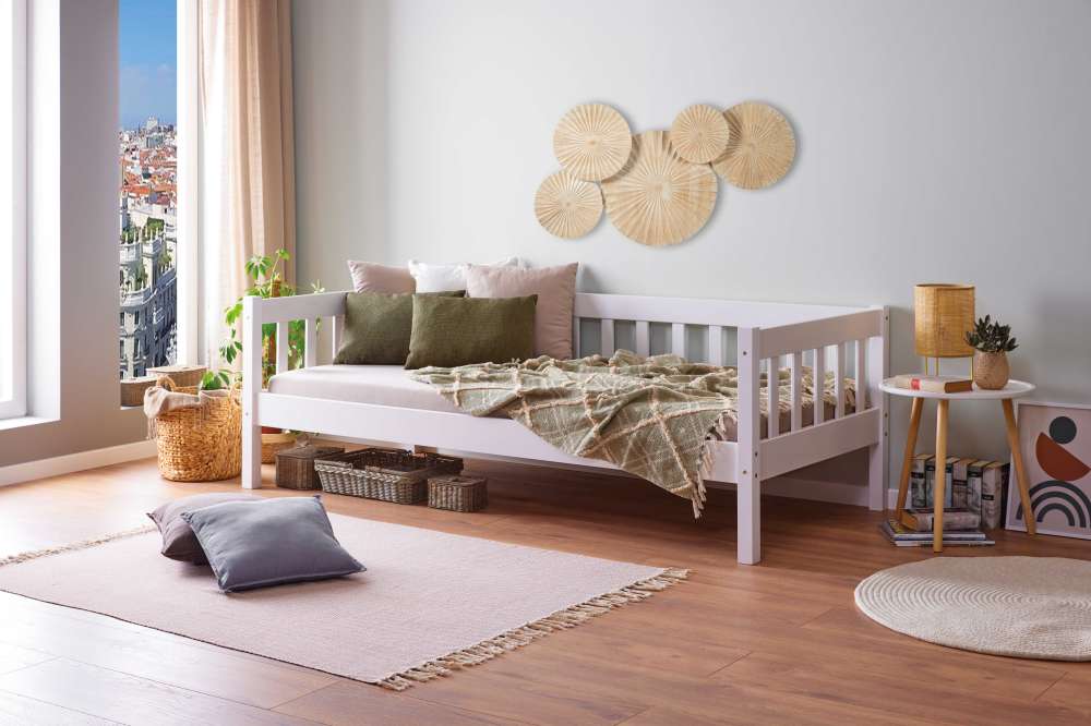 Pharao24.de Singlebett aus Kiefer Massivholz weiss Skandi Design