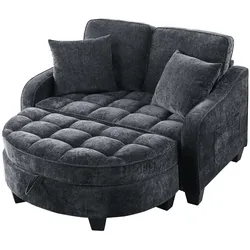 OKWISH Schlafsofa 2 in 1 mit Stauraumhocker Schwarz 93x130x82 cm, umwandelbar zu Sofa Chaiselongue Liege, Eukalyptusholzrahmen
