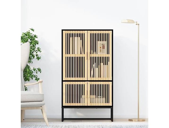 KGHFDVB Highboard Schwarz 70x35x125 cm Holzwerkstoff Massive Kieferntüren, Eisenbeine, viel Stauraum, skandinavisches Design