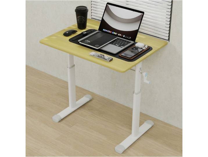 Bureau droit avec hauteur reglable par manivelle pour bureau et etude - en metal et bois - 80×60 cm - bois clair et blanc
