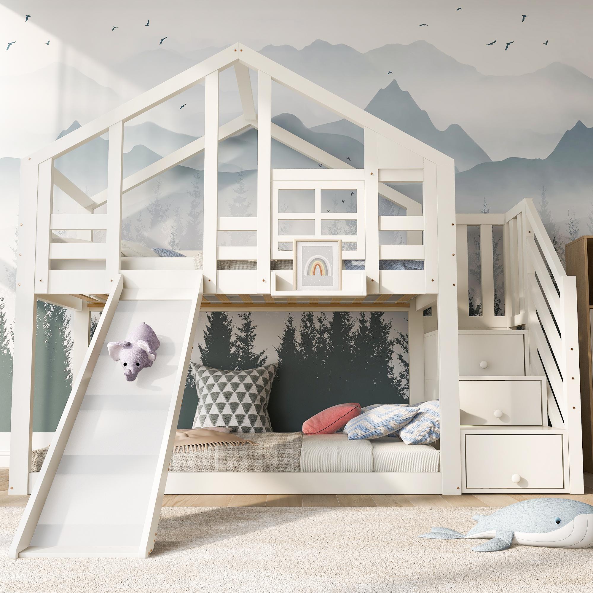 Merax Kinderbett Baumhaus 90x200cm mit Rutsche und Stauraumleiter, Etagenbett aus Massivholz mit Fenster und Rausfallschutz, inkl. 2 Lattenroste, Weiß
