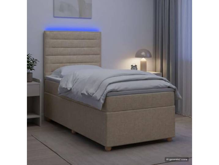 Boxspringbett mit Matratze creme 100 x 200 cm Stoff Verstellbares Kopfteil, mehrfarbige USB-LED-Lichter, mittelstarre Matratze, Taschenfedern, Holzrahmen