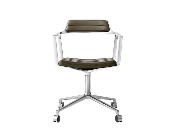Vipp - 452 Swivel Drehstuhl auf Rollen, Aluminium poliert / Leder bosco grün