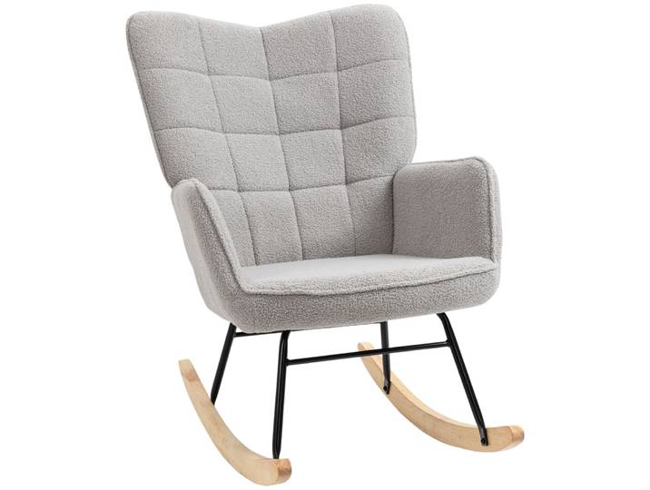 Fauteuil à bascule design acier bois effet laine bouclée gris