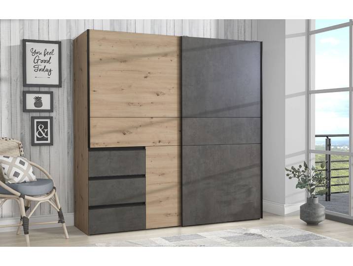 Schwebetürenschrank FORTE Winn, Schiebetürenschrank mit 3 Schubladen, Made in Europe , braun (artisan eiche, betonoptik dunkelgrau), B:200cm H:200,5cm T:61cm, FSC-zertifizierter Holzwerkstoff, Schränke, Schwebetürenschrank, verschiedene Grössen und Farben, sehr viel Stauraum