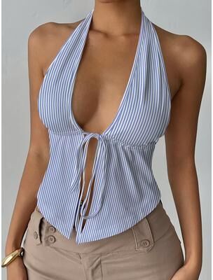 Lush Living Finds Breezy Chic Striped Tank Top For Women Sleeveless Summer Cami With Side Split Design blue l