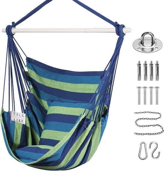 Unyqoos Boho Schommelstoel voor volwassenen met 2 katoenen zitkussens, blauw/groen