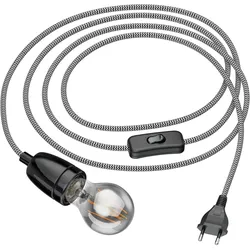 ledscom.de 3 m Textilkabel LEHA II Stecker, Schalter, Porzellan, schwarz/weiß + LED Lampe 370lm, extra-warmweiß