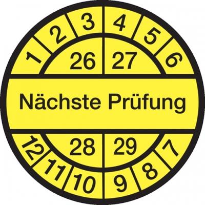König Werbeanlagen Prüfplakette ab 26, Nächste Prüfung, schwarz/gelb, Folie, Ø 12,5/30 mm - Bogen = 10 Plaketten - 30 mm Folie selbstklebend