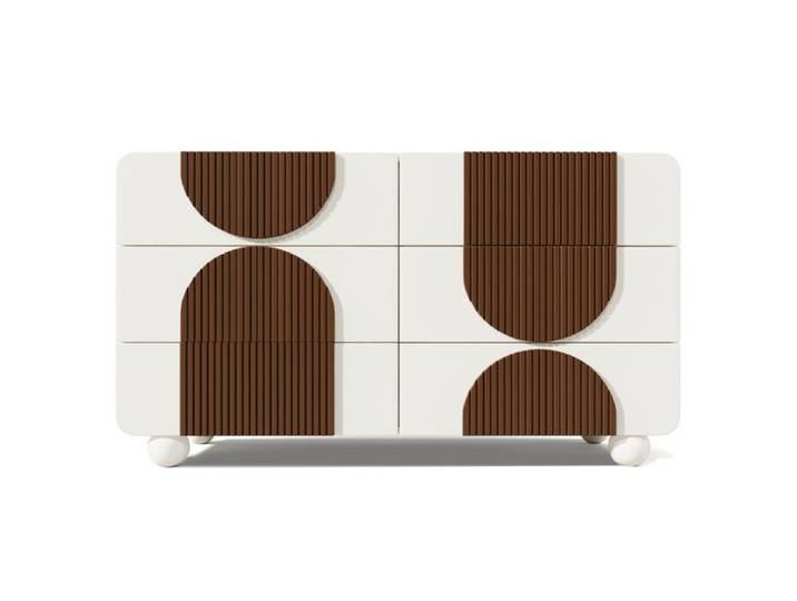Buffet bas 6 tiroirs - blanc et marron chocolat - design courbe - 121 x 41 x 71 cm