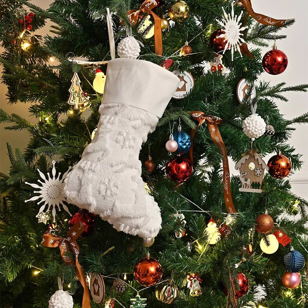 INF Chaussette de Noël Renne - Décoration de Fête en Peluche Brodé Blanche
