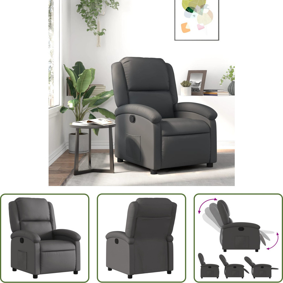De Living Store relaxfauteuil, grijs, met echt leder