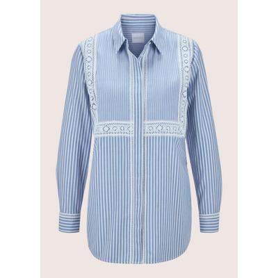 Langarmbluse MADELEINE "Streifenbluse Streifenbluse mit Spitze", Damen, Gr. 36, weiß (wollweiß, rauchblau), Obermaterial: 100% Baumwolle CO., Modern, normal, Blusen