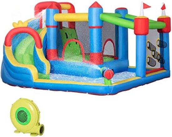 Unyqoos Aufblasbare Hüpfburg mit Rutsche & Wasserspiel, inkl. 450 W Gebläse, 390 x 300 x 197 cm, bunt, für 3-8 Jahre, bis 3 Kinder/90 kg