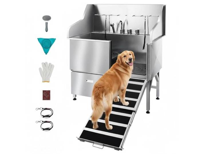 VEVOR Baignoire de Chien Acier Inoxydable\, Baignoire de Toilettage pour Animaux de Compagnie 127\,5 cm Station de Lavage Chat\, avec Rampe\, Panneau Filtre à Eau\, Robinet\, Pommeau de Douche\, Porte Droite