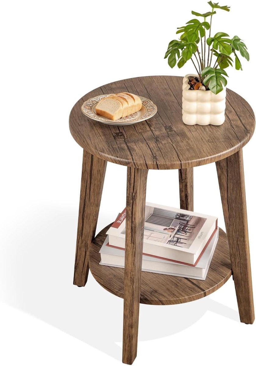 Lichtbruine ronde bijzettafel met twee verdiepingen en opslag, Diepte: 40,64 cm