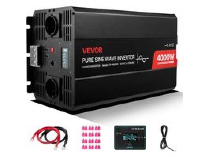 VEVOR 4000 W Wechselrichter, 12 V DC auf 230 V AC, reiner Sinus-Wechselrichter, mit LCD-Display, Fernbedienung, 2 USB-Anschlüssen, 2 AC-Steckdosen, Typ-C-Anschluss, für RV, LKW im Freien