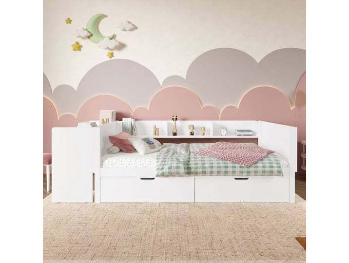 Maisentiel Lit combiné enfant 90 x 200 cm blanc avec bureau 2 tiroirs et 3 étagères