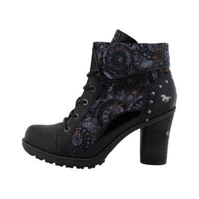 Stiefelette MUSTANG SHOES "Mode-Stiefel", Damen, Gr. 36, wärmend, schwarz multi, Lederimitat, Textil, Schuhe Stiefelette, Blockabsatz, Schnürboots mit umschlagbarem Kragen