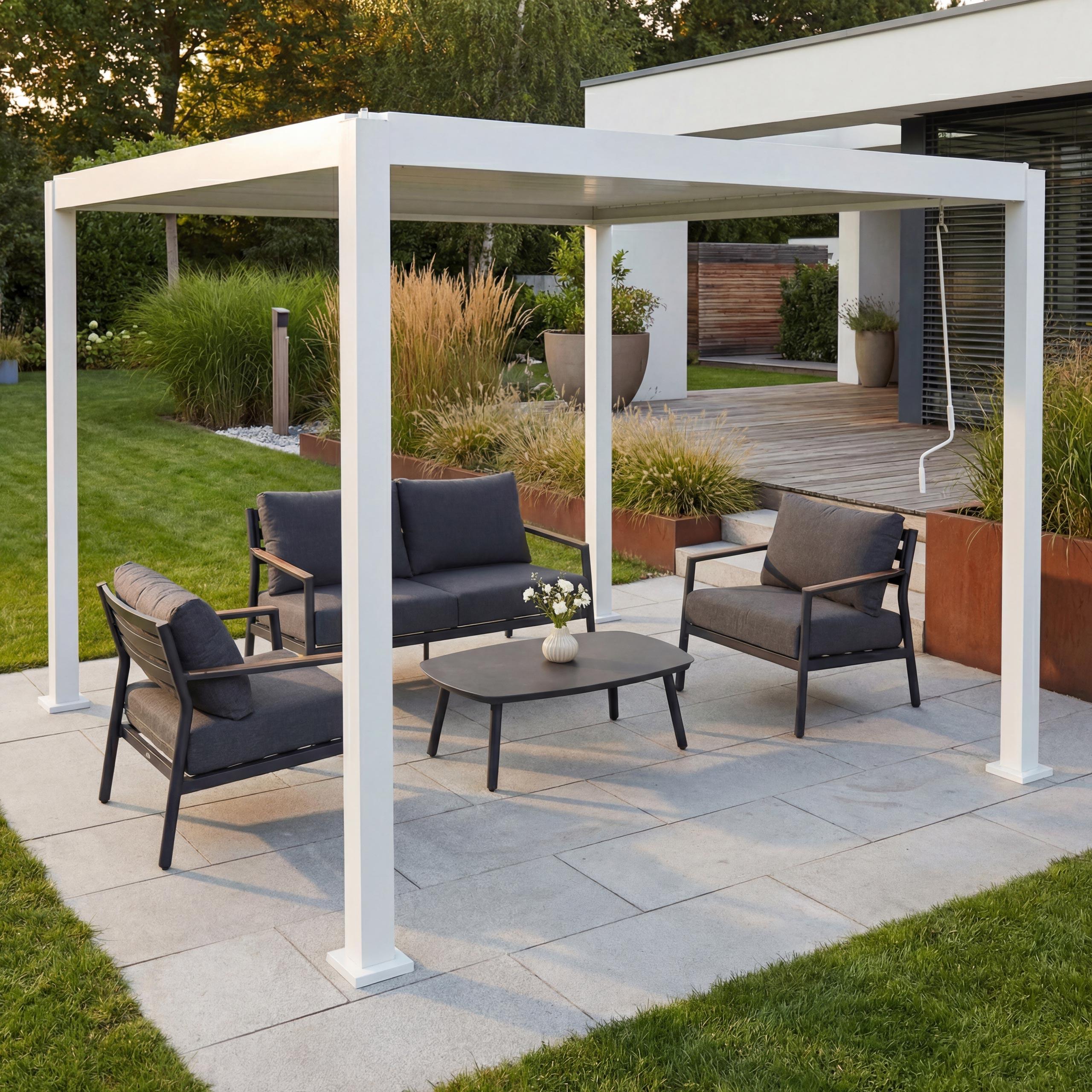 Pergola MCW-P65, Terrassenüberdachung Gartenpavillon Lamellen-Pavillon, 10cm-Aluminium-Gestell 3x3m weiß