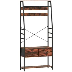 MODFU Flurgarderobe Holz und Metall Braun mit Sitzbank, Schuhregal und 10 Haken