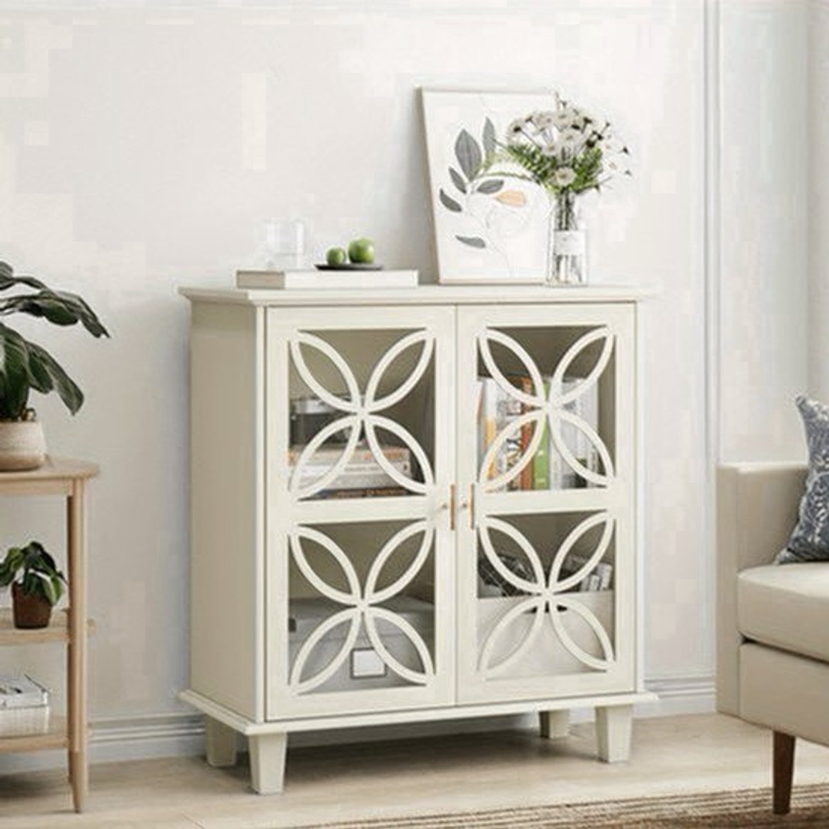 Modern Retro Dressoir in Crème Wit met Tempered Glas Deuren en Verstelbare Planken