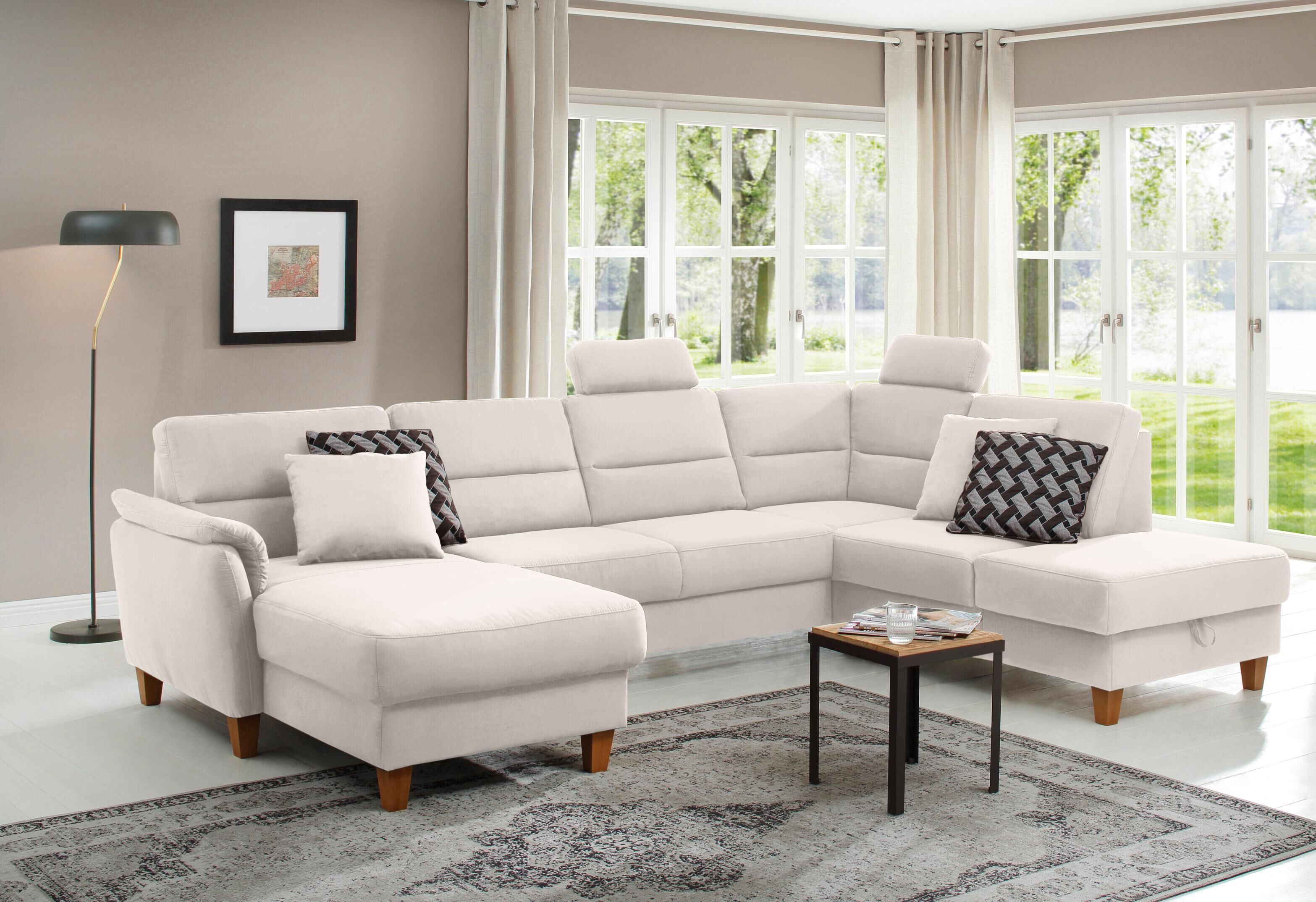 Wohnlandschaft HOME AFFAIRE "Palmera U-Form, B: 308 cm, grosse Stoff + Leder Auswahl", beige (natur), B:308cm H:89cm T:212cm, 100% Polyester;Struktur (100% Polyester);Luxus-Microfaser in Lederoptik (100% Polyester), Sofas, Wohnlandschaft, optional Schlaff