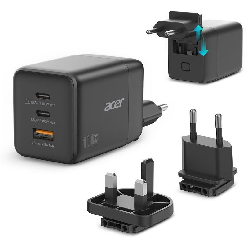 Acer Charger 100w 2 x USB-C + 1x USB-A ports, black