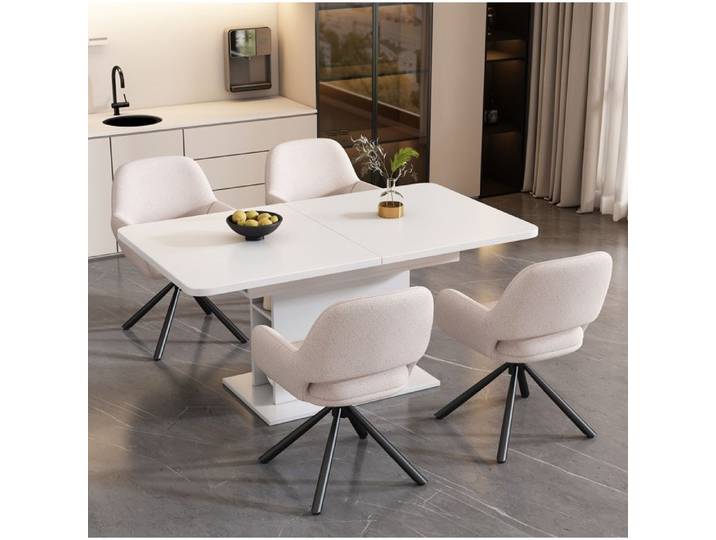 COVREO Ensemble table à manger extensible avec rangement et 4 chaises sherpa blanc