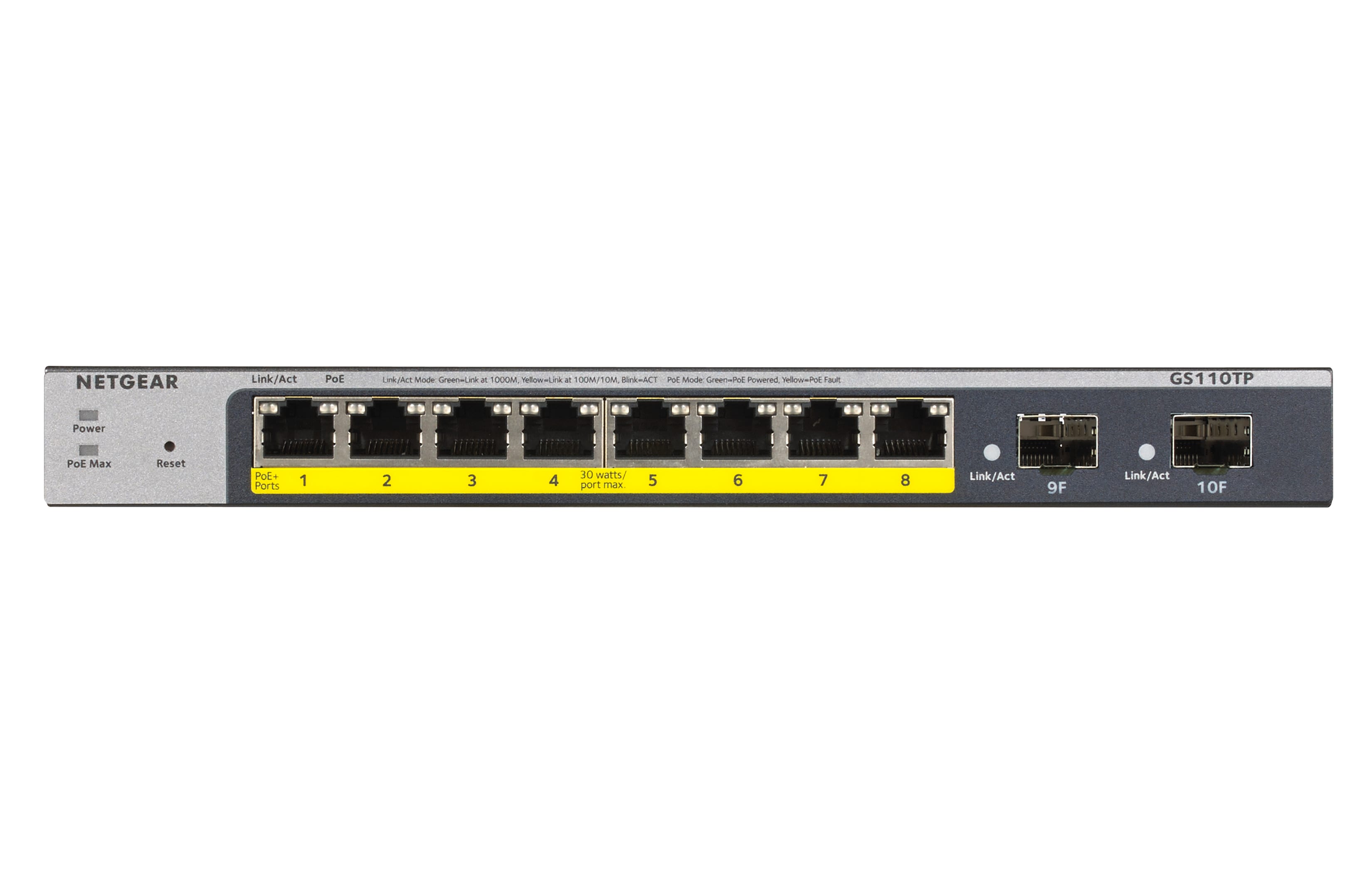 NETGEAR GS110TP 10 Port Gigabit Ethernet LAN PoE Switch Smart (Managed mit 8x PoE+ 55W, 2x 1G-SFP, lokales Management oder Remote per Insight Cloud, lüfterlos) GS110TP-300EUS