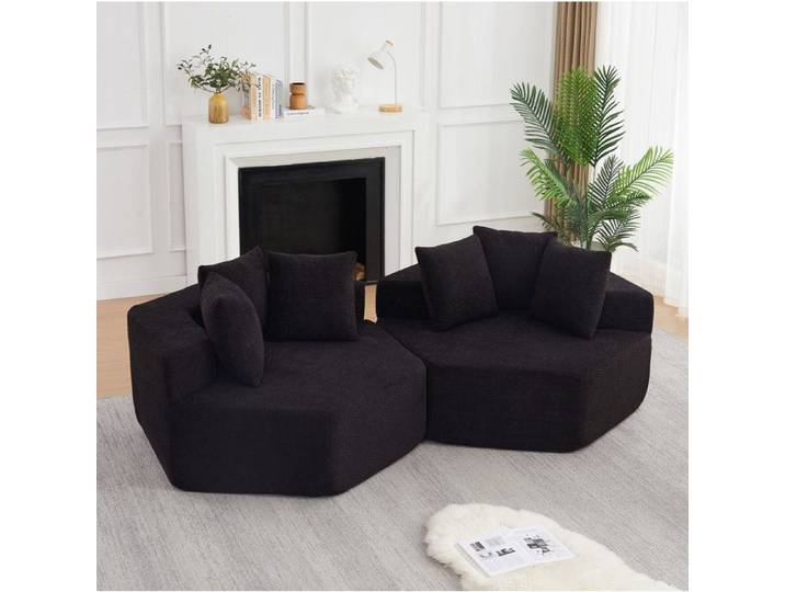 Fauteuil Modulable Hexagonal En Chenille Noir Fauteuil Relaxation Moderne FloraGrace Pour Salon Avec Trois Coussins 122x122x76cm