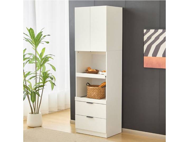 Armoire de cuisine multifonction blanche avec étagères ouvertes et tiroirs