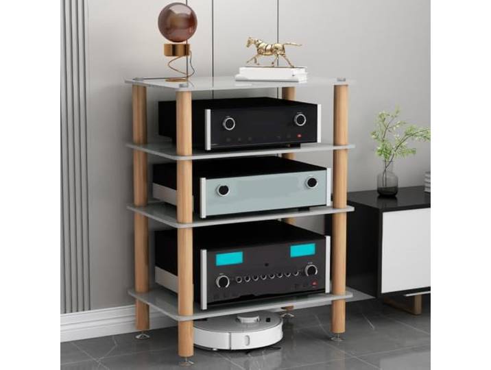 ZSCNYHMT HiFi Rack, 1-4 Ebenen Audio-Ständer mit Ablagen aus Hartglas Glasablagen, holzstruktur, flexible platzierung, für wohnzimmer und audiobereiche
