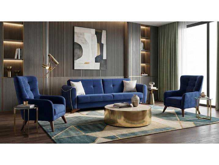 JVmoebel Polstergarnitur Blau Wohnzimmer-Set Sofas Stoff Sessel hohe Qualität, (3-tlg), Made in Europa