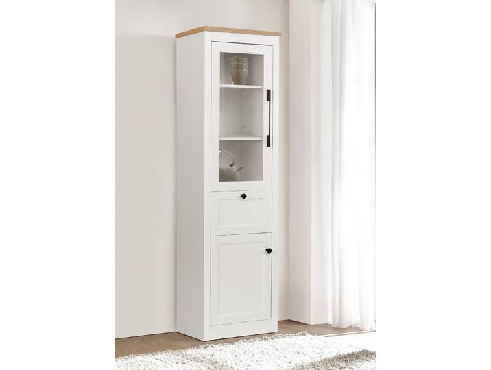 Vitrine GOODPRODUCT Ismund , weiss (weiß), B:140cm H:179cm T:39cm, Holzwerkstoff, Schränke, Vitrine, aus MDF, mit Holz-Zierleiste, schwarzen Metallgriffen, Höhe 180,5 cm