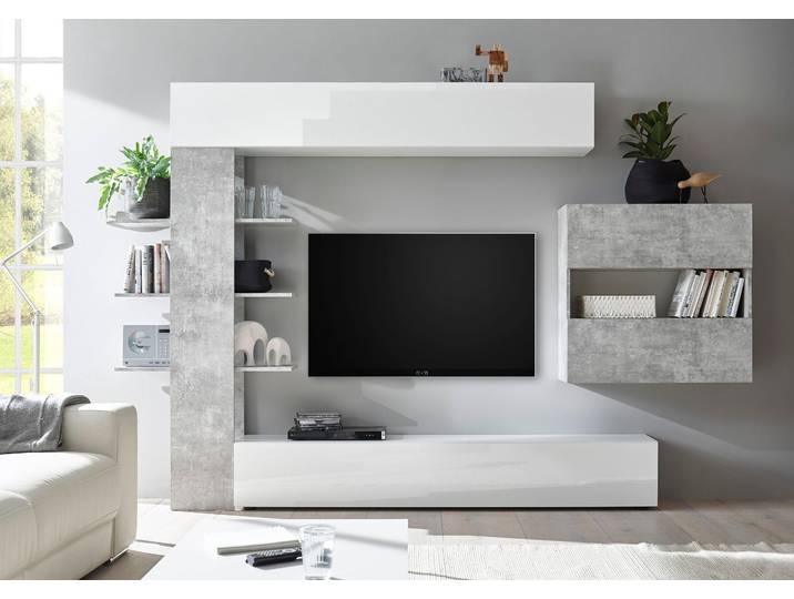 Wohnwand OTTO HOME Sorano , weiß (weiß matt, weiß hochglanz lack, beton, optik), Kastenmöbel-Sets, Wohnwand, mit Hängeschrank
