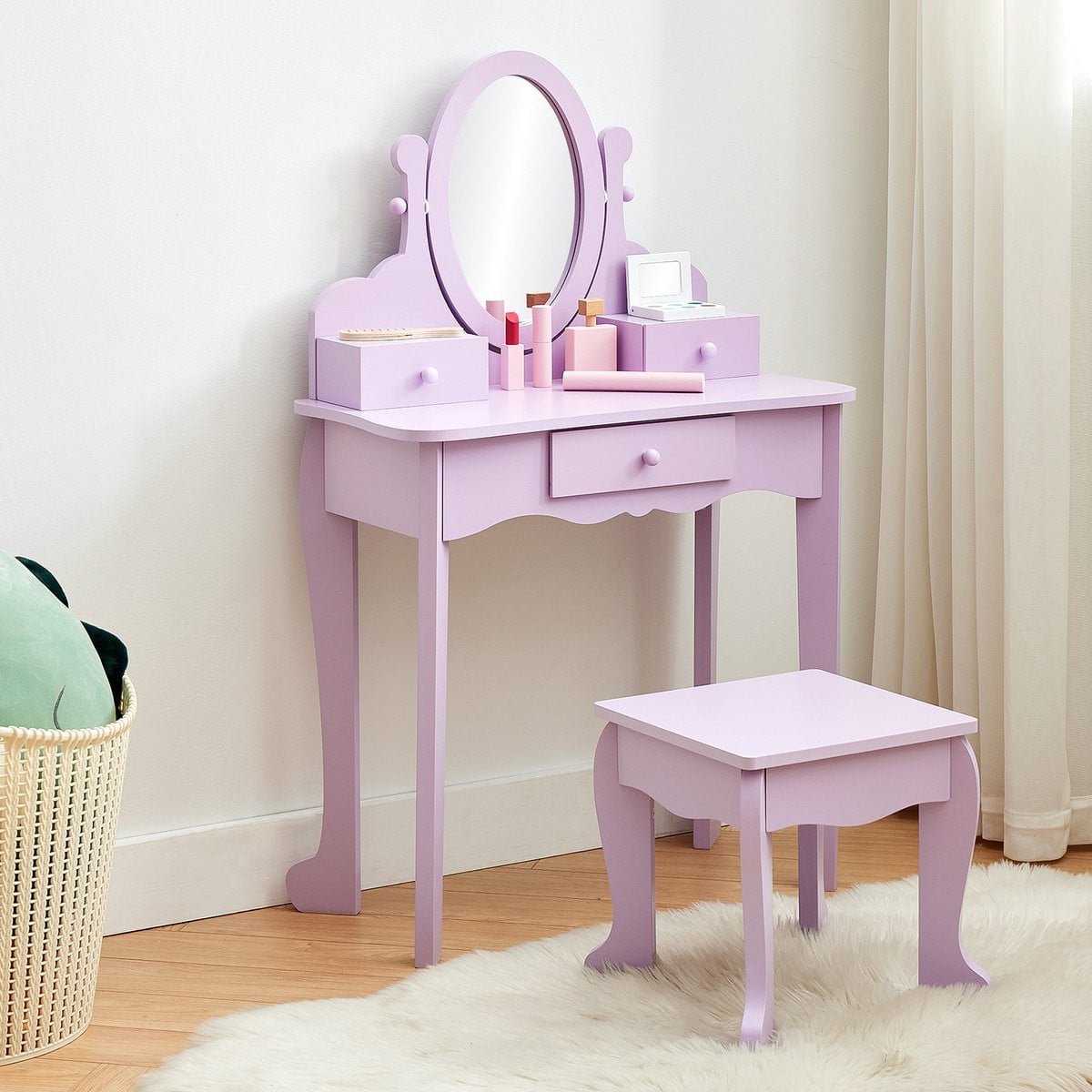 HOERFURIY Kinderkaptafel set met spiegel en kruk - Houten speelgoed kaptafel voor meisjes - Paars