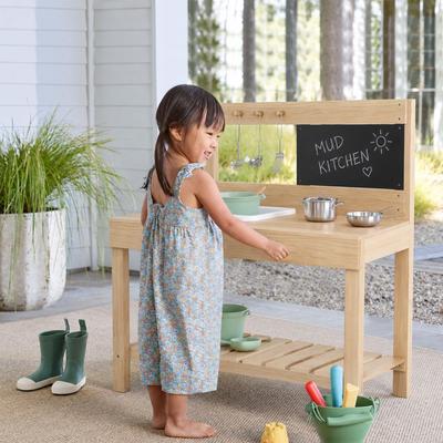 WILK Kids Wooden Mud Kitchen with Sink, Chalkboard and Storage Shelf