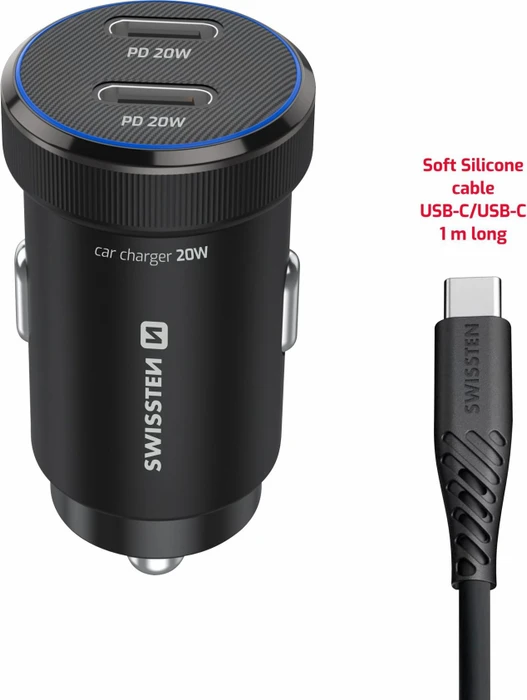 Swissten CL adapter 2× USB-C PD 20 W schwarz + USB-C/USB-C Kabel 1 m