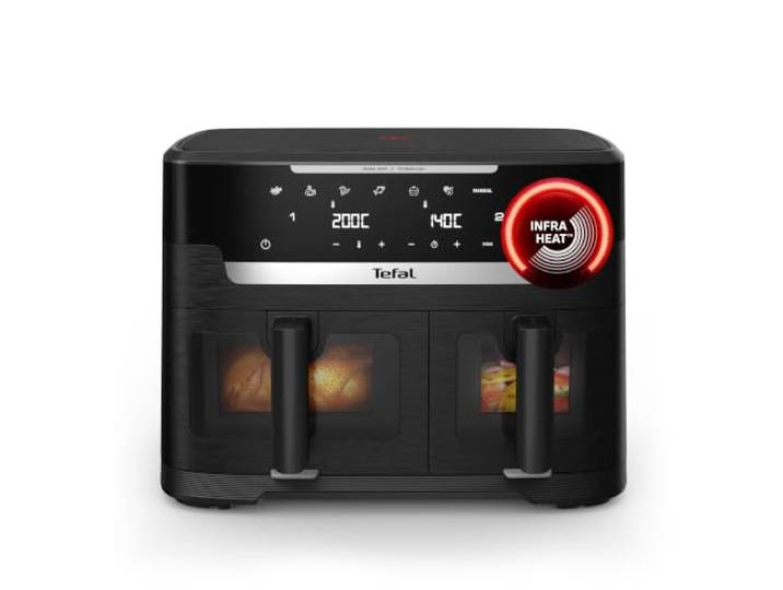 Tefal Ever Fry XXL Dual Doppelkammer-Heißluftfritteuse, SYNC-Funktion Infra Heat Technologie, 11-Liter-Gesamtfüllmenge, für bis zu 10 Personen, Frontblende abnehmbar, Schwarz, EY9488E0