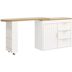 MODFU Bartisch MDF/Metall Weiß 128-203x39x90 cm mit 360°-Drehfunktion, 3 Schubladen und verstellbaren Böden