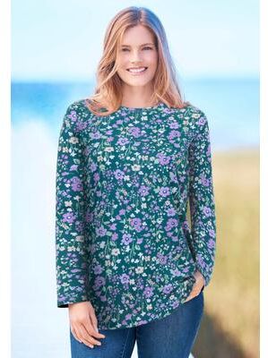 Plus Size Women's Perfect Printed Long-Sleeve Crewneck Tee by Woman Within in Emerald Green Field Floral (Size 4X) Shirt