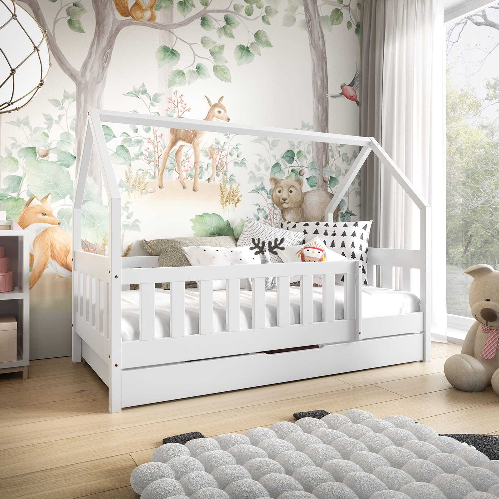 Kinderbett mit Matratze und Schublade, Rausfallschutz, 80x160cm Hausbett, Holzbett in Hausform in Weiß MILA