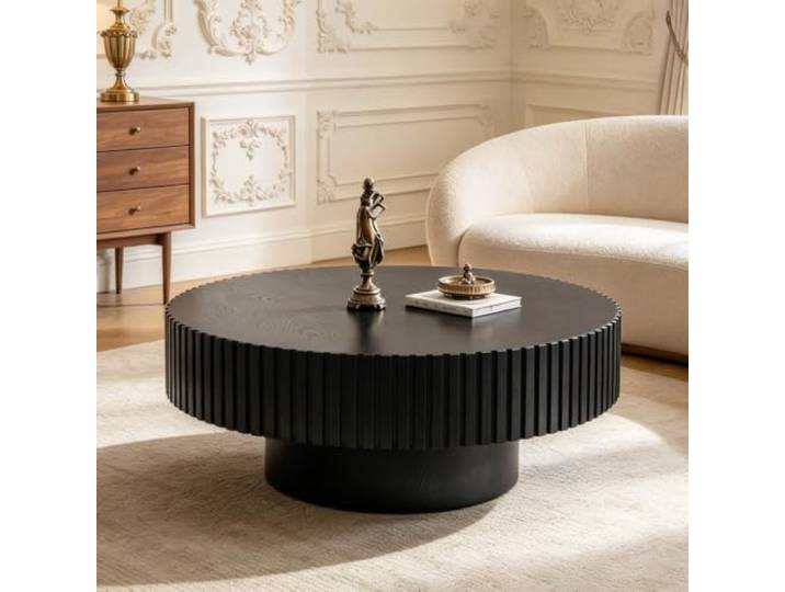 Runder Couchtisch in Trommelform 80Cm Einzigartiger Couchtisch aus Holz Rustikaler runder Couchtisch mit Rillenstruktur im Minimalistischer niedriger Tisch mit Stabilem Sockel für das Wohnzimmer