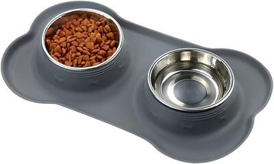 Youfap Market Double Dog Bowl Stainless Steel Pet Feeding Station With Non Slip Silicone Mat gray s