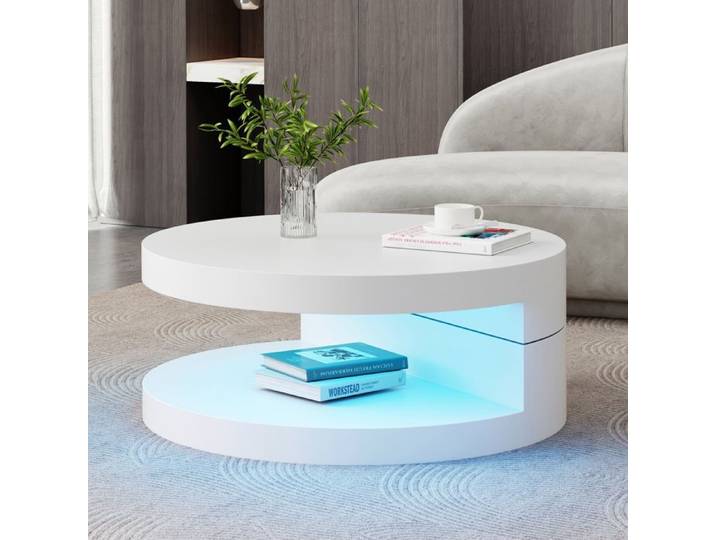 Table basse cylindrique blanche pivotante avec LED et rangement 2 niveaux