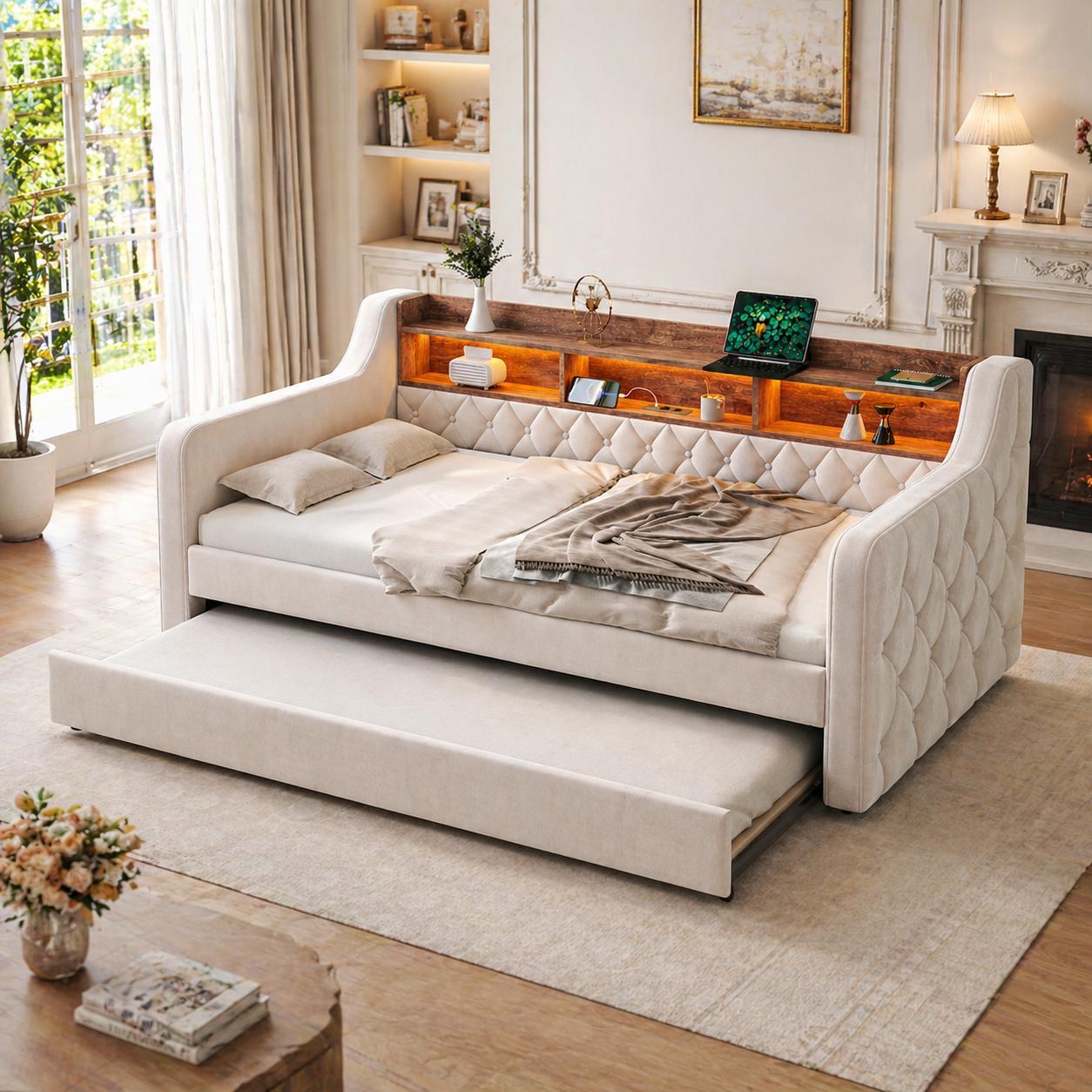 Platzsparendes Sofa-Bett 90x190 cm aus Samt mit Stauraum, LED-Ambiente & USB-C-Anschluss
