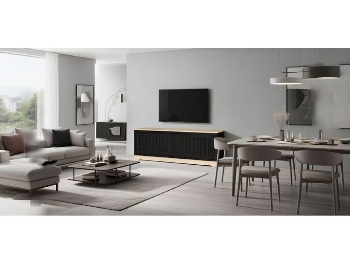 Meuble TV cannelé Pin massif brossé Noir/Noir/Pin crème 166cm