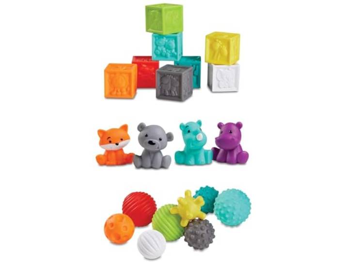 INFANTINO Sensory Balls Blocks & Buddies - 20-TLG. Set zum sensorischen Entdecken, der Entwicklung der Fein- und Grobmotorik & der frühen Einführung in Farben, Zahlen & Sortieren – Ab 0 Monaten